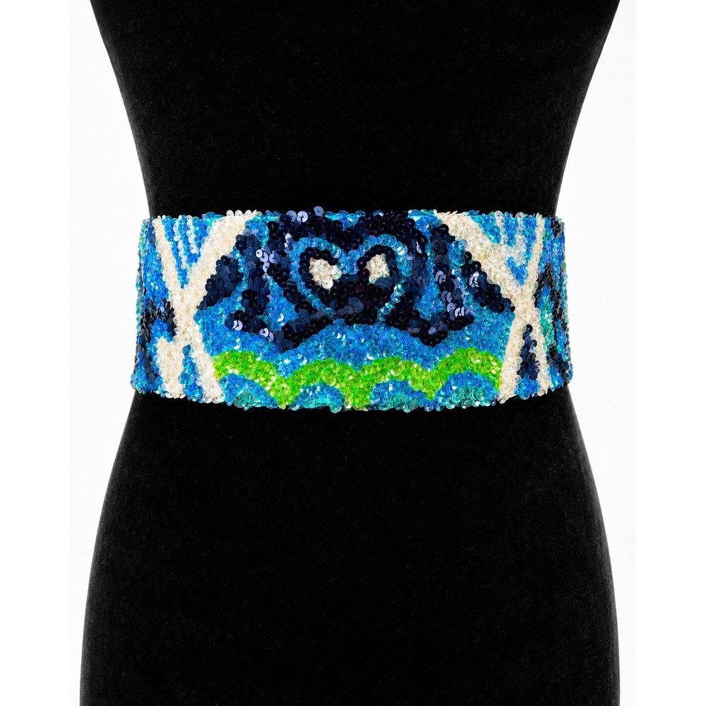 Vintage La Mendola August Mod Heart Hand‎ Beaded Blue Pure Silk Chiffon Belt